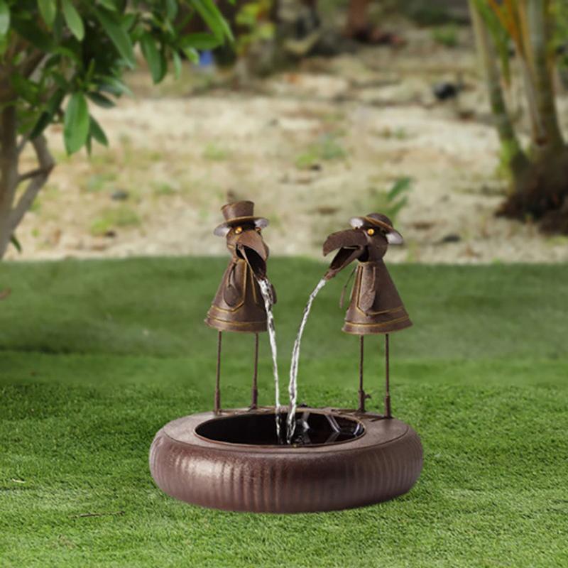 Garden Fountain | Art Deco Resin | Animal Figurine Basin & Metal Accents | Indoor/Outdoor Decor