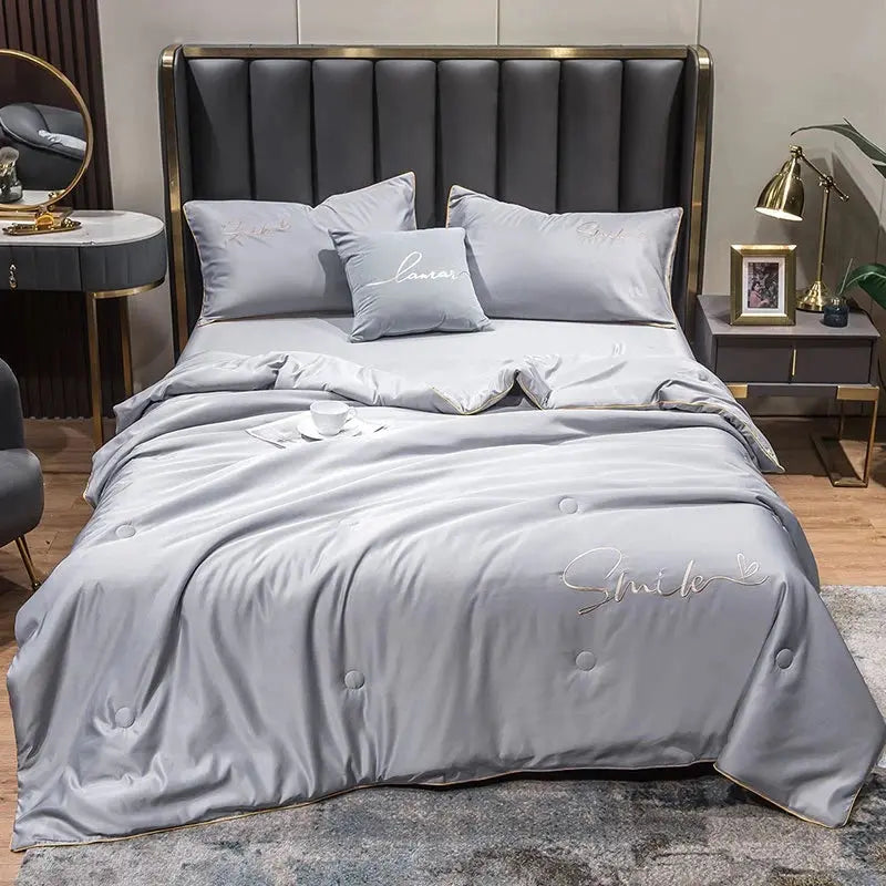Lightweight Summer Quilt Set | Washed Silk Embroidered Design | Cooling Comfort
