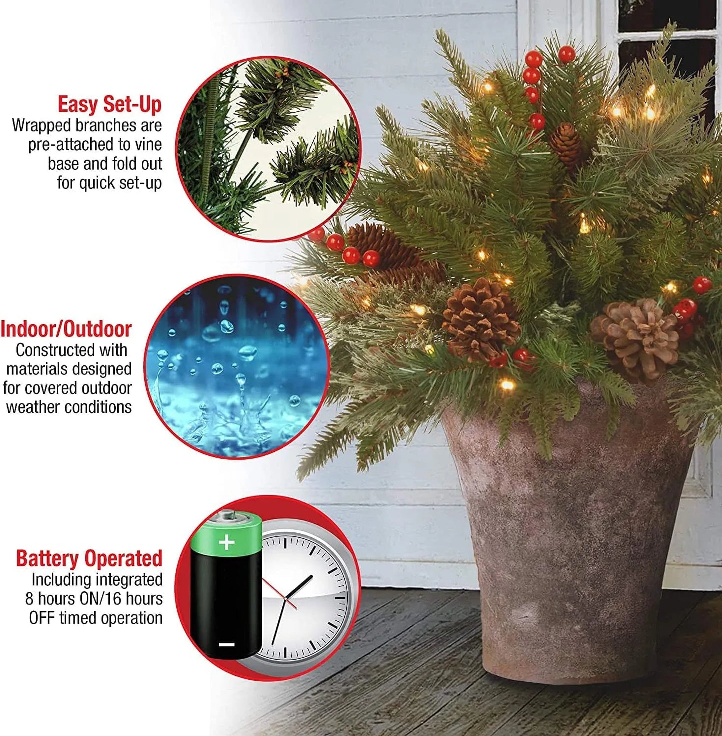 Urn Filler | Pre-Lit Flocked Arrangement with Pine Cones & Berries | 18 in Base Diameter