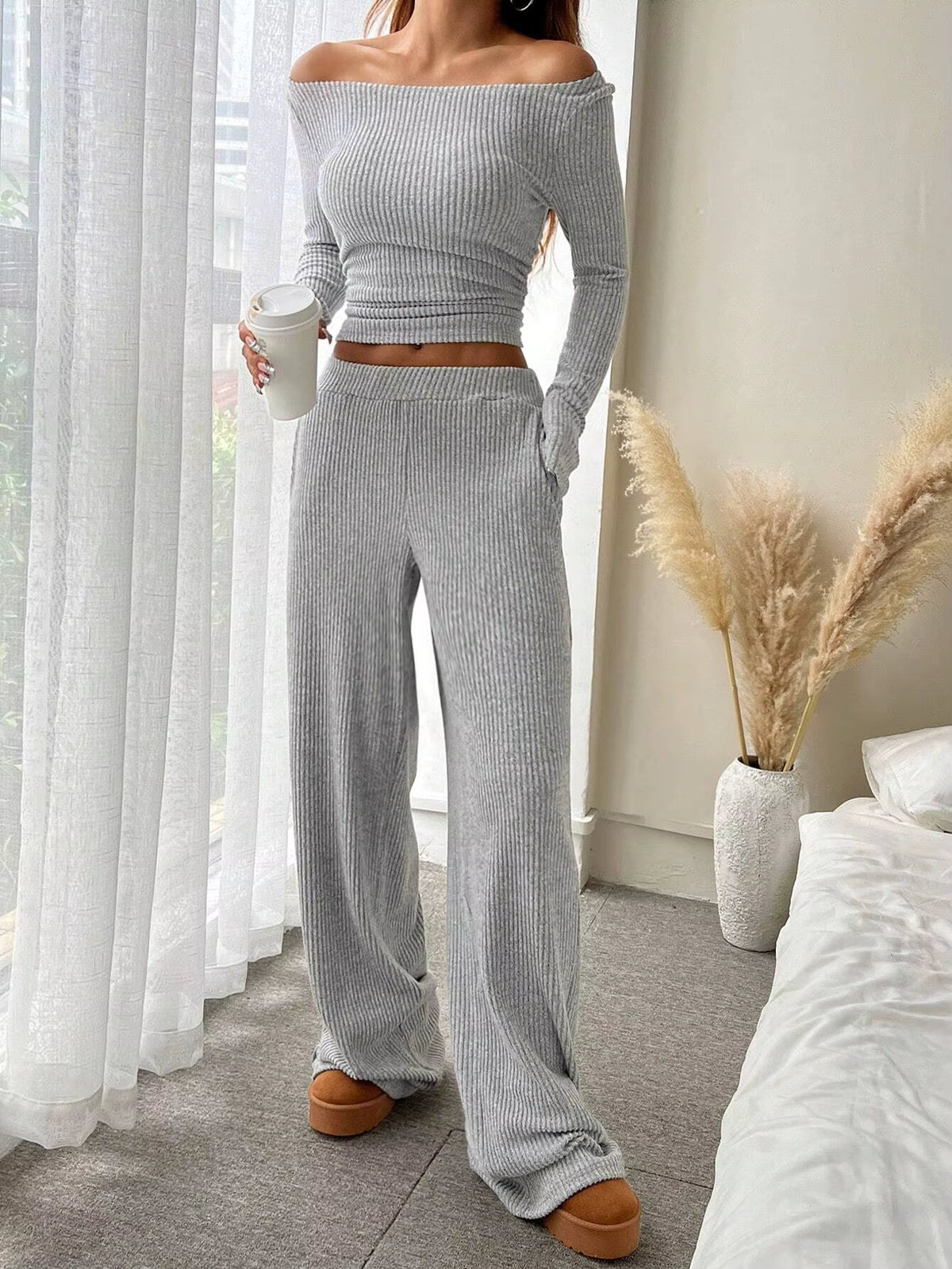 Two-Piece Set Ribbed Knit Loose-Fit Wide-Leg With Pockets