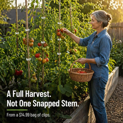 VerdiClip™ — Keep Tomatoes Upright, Skip the Twist Ties, Protect Every Stem from Breaking