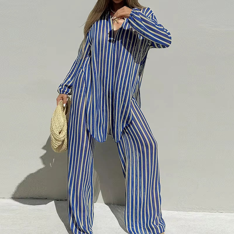 Shirt & Pants Set Striped Loose Fit High Waist