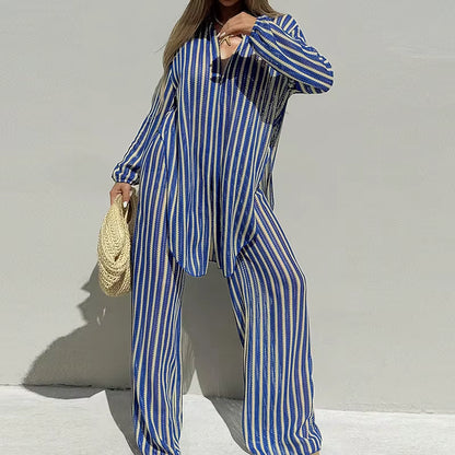 Shirt & Pants Set Striped Loose Fit High Waist