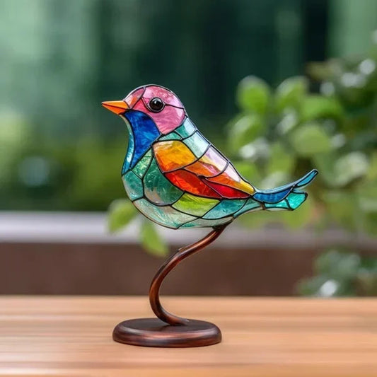 Acrylic Bird Desktop Ornament | Colorful Stained Acrylic | Perched on Branch | Cozy Ambiance