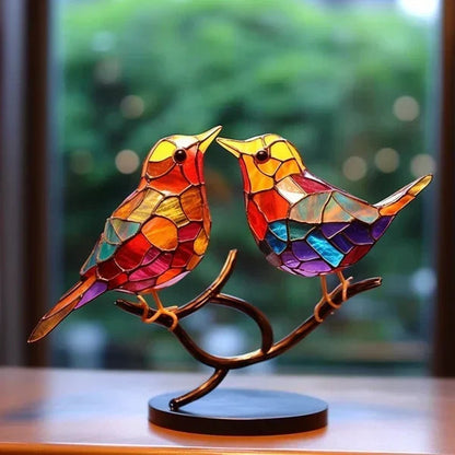 Acrylic Bird Desktop Ornament | Colorful Stained Acrylic | Perched on Branch | Cozy Ambiance
