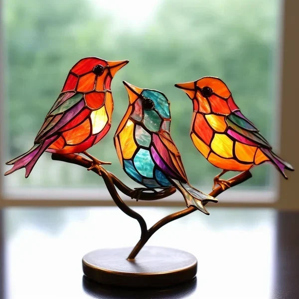 Acrylic Bird Desktop Ornament | Colorful Stained Acrylic | Perched on Branch | Cozy Ambiance