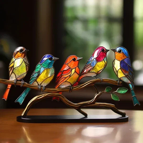 Acrylic Bird Desktop Ornament | Colorful Stained Acrylic | Perched on Branch | Cozy Ambiance