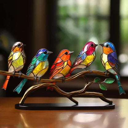 Acrylic Bird Desktop Ornament | Colorful Stained Acrylic | Perched on Branch | Cozy Ambiance