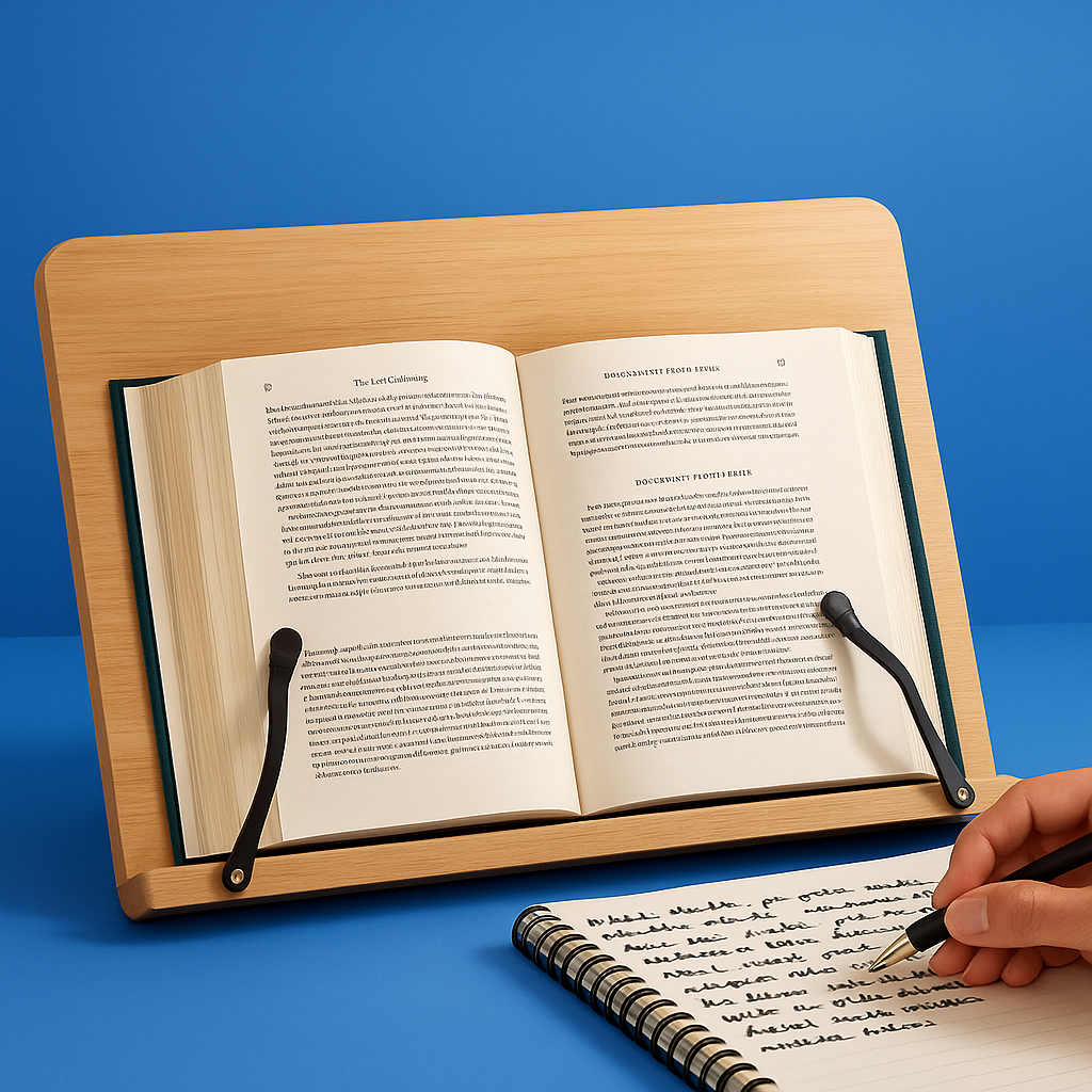 Book & Tablet Stand | Foldable Adjustable Wooden Frame | Stable Hands-Free Use | Ergonomic Support