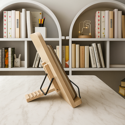 Book & Tablet Stand | Foldable Adjustable Wooden Frame | Stable Hands-Free Use | Ergonomic Support