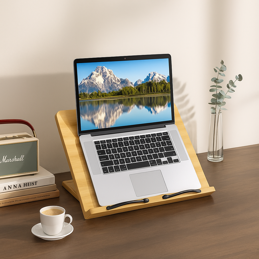 Book & Tablet Stand | Foldable Adjustable Wooden Frame | Stable Hands-Free Use | Ergonomic Support