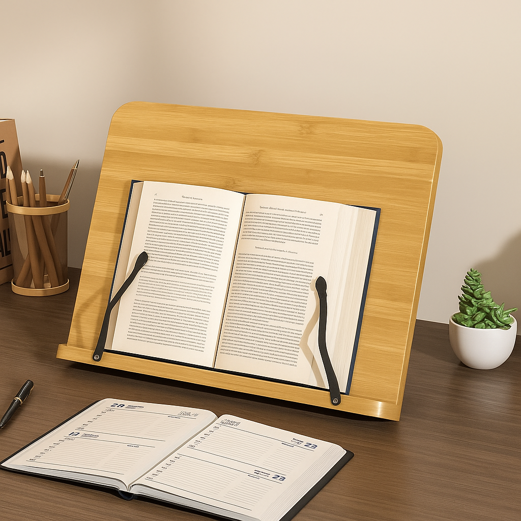 Book & Tablet Stand | Foldable Adjustable Wooden Frame | Stable Hands-Free Use | Ergonomic Support