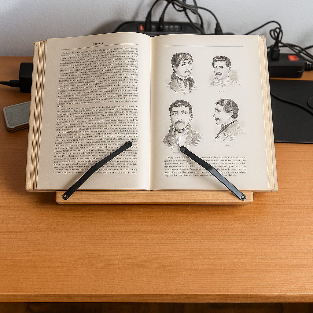 Book & Tablet Stand | Foldable Adjustable Wooden Frame | Stable Hands-Free Use | Ergonomic Support