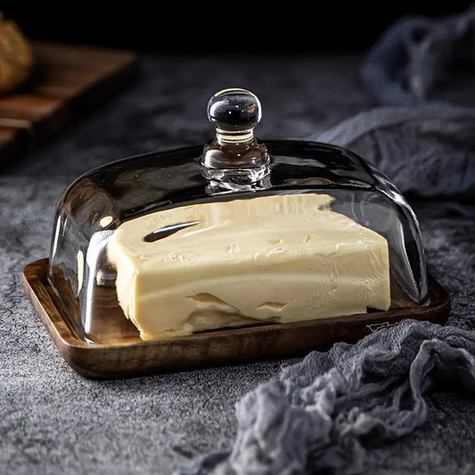 Butter Dish | Natural Wood Base & Glass Lid | Acacia or Bamboo | Elegant Tabletop Serving