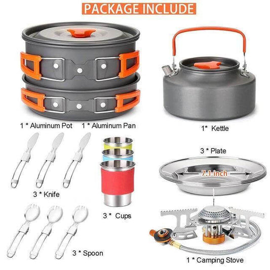 Camping Stove Set 2-4 Person | Portable Gas Stove | Anodized Aluminum Cookware