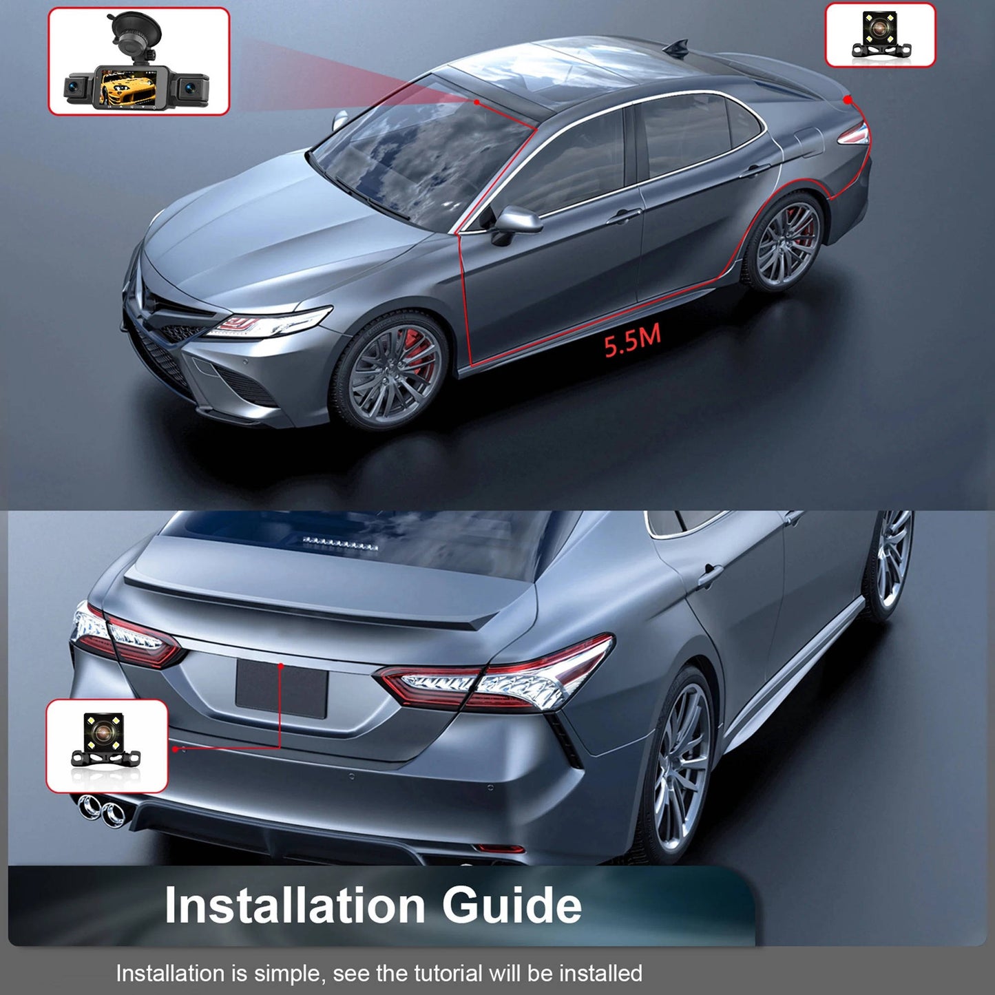 Car Dash Cam | 4-Camera Front & Rear with Night Vision | WiFi App & Loop Recording