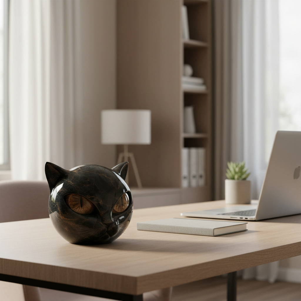 Cat Head Sculpture | Hypnotic Eyes | Glossy Marble Look