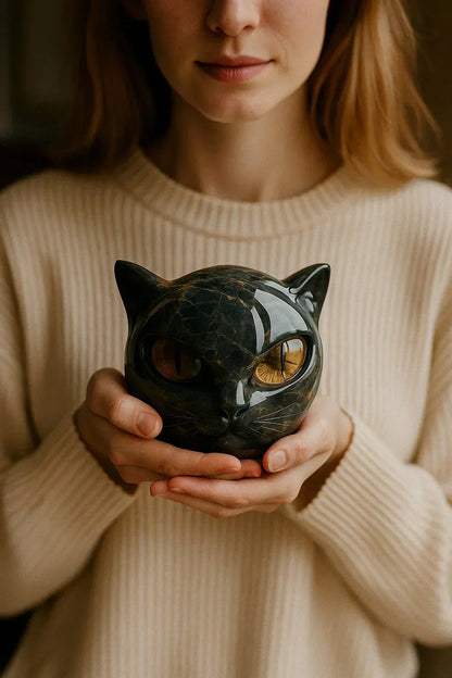 Cat Head Sculpture | Hypnotic Eyes | Glossy Marble Look