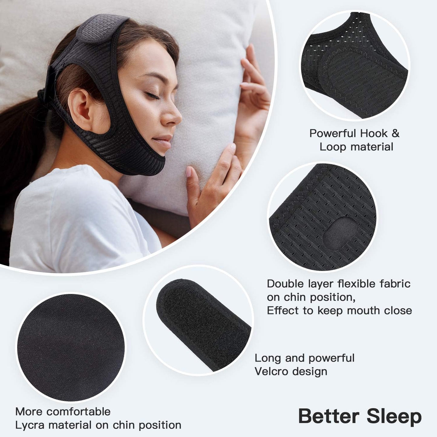 Chin Strap for Sleep Apnea | Breathable Double-Layer Fabric | 6.2 in Adjustable Velcro Strap
