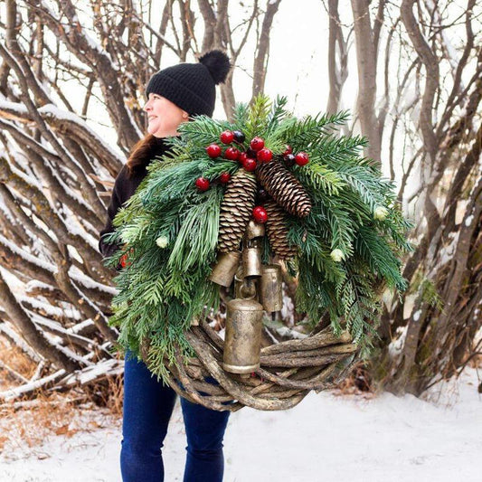 Christmas Wreath | Farmhouse Boho Vine Design | Pinecones, Berries & Bells | 17 in, Indoor/Outdoor