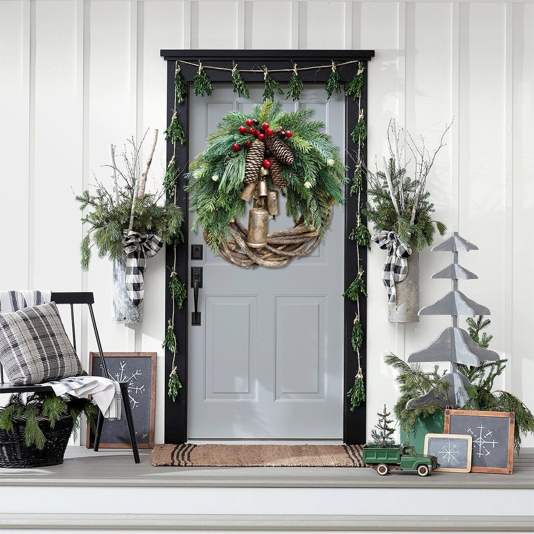 Christmas Wreath | Farmhouse Boho Vine Design | Pinecones, Berries & Bells | 17 in, Indoor/Outdoor