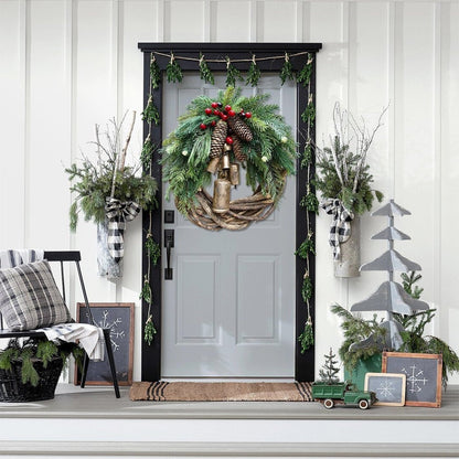 Christmas Wreath | Farmhouse Boho Vine Design | Pinecones, Berries & Bells | 17 in, Indoor/Outdoor