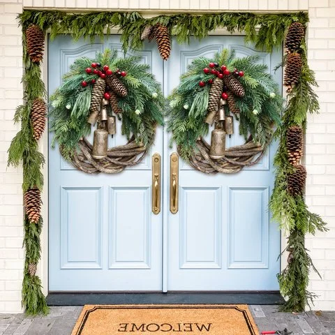 Christmas Wreath | Farmhouse Boho Vine Design | Pinecones, Berries & Bells | 17 in, Indoor/Outdoor