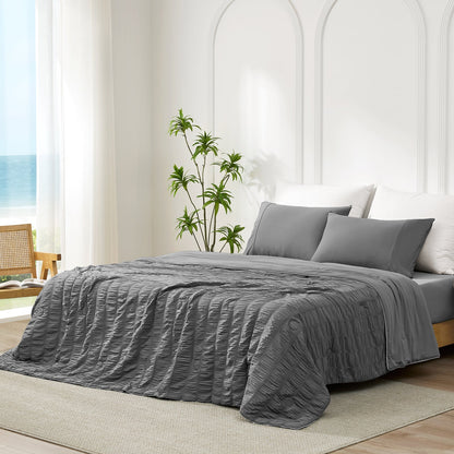 Cooling Comforter | Lightweight Seersucker Vertical Stripes | Breathable Fabric | For Hot Sleepers