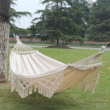 Double Camping Hammock | Fringe Cotton Canvas | Removable Wooden Pole & Carry Bag | 200x150cm
