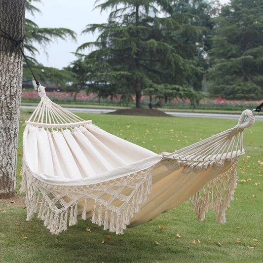 Double Camping Hammock | Fringe Cotton Canvas | Removable Wooden Pole & Carry Bag | 200x150cm