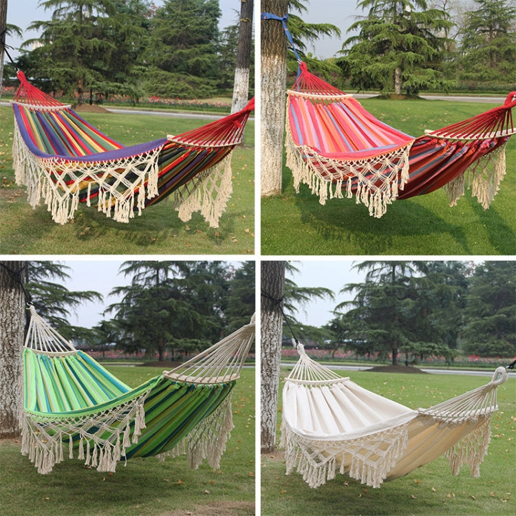 Double Camping Hammock | Fringe Cotton Canvas | Removable Wooden Pole & Carry Bag | 200x150cm