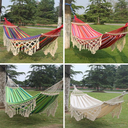 Double Camping Hammock | Fringe Cotton Canvas | Removable Wooden Pole & Carry Bag | 200x150cm