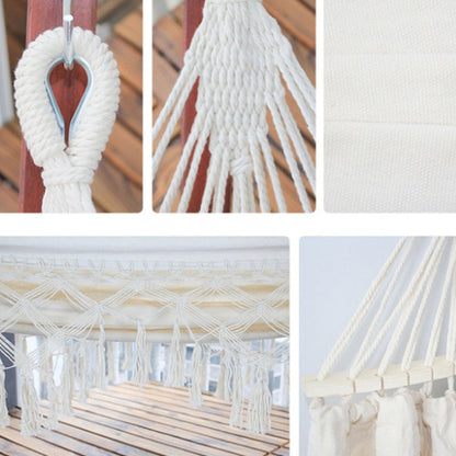 Double Camping Hammock | Fringe Cotton Canvas | Removable Wooden Pole & Carry Bag | 200x150cm