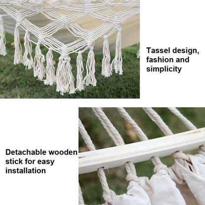 Double Camping Hammock | Fringe Cotton Canvas | Removable Wooden Pole & Carry Bag | 200x150cm