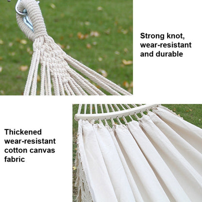 Double Camping Hammock | Fringe Cotton Canvas | Removable Wooden Pole & Carry Bag | 200x150cm
