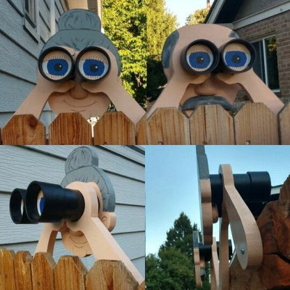Fence Decoration | Nosy Couple Figurines | Handmade Pinewood & 11.8 in W | Weatherproof Finish