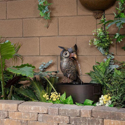 Garden Fountain | Art Deco Resin | Animal Figurine Basin & Metal Accents | Indoor/Outdoor Decor