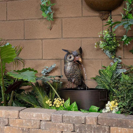 Garden Fountain | Art Deco Resin | Animal Figurine Basin & Metal Accents | Indoor/Outdoor Decor