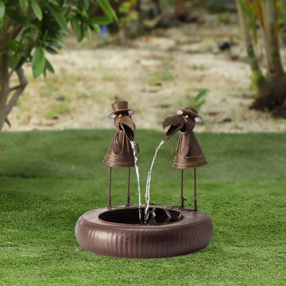 Garden Fountain | Art Deco Resin | Animal Figurine Basin & Metal Accents | Indoor/Outdoor Decor