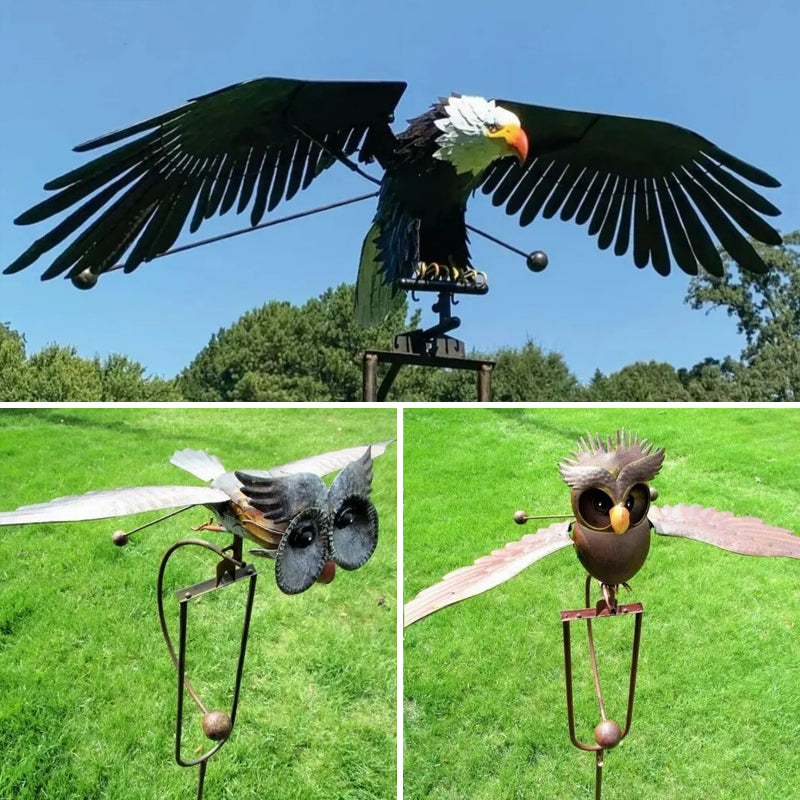 Garden Wind Spinner Stake | Kinetic Eagle & Owl Designs | Powder-Coated Metal | Outdoor Decor