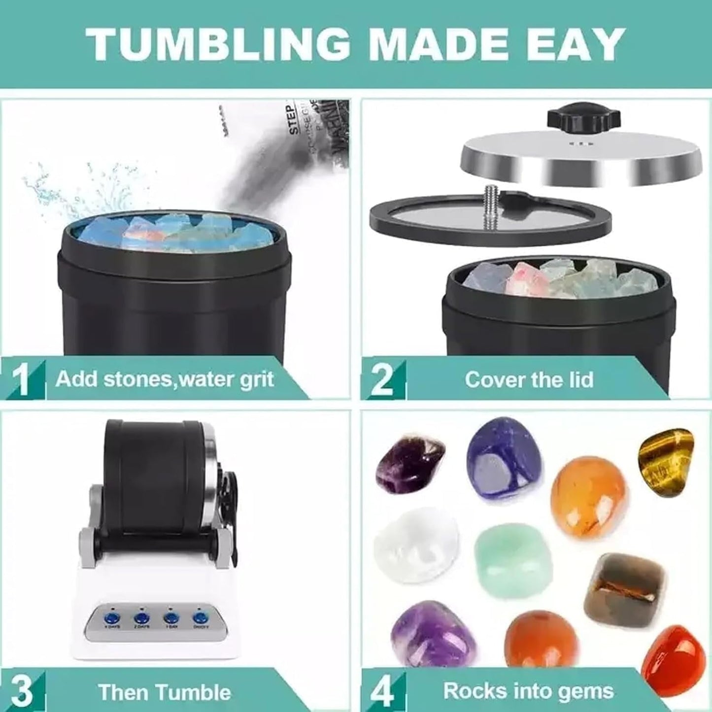 Gemstone Tumbler Kit for Beginners | Quiet, Leak-Proof | Digital Timer