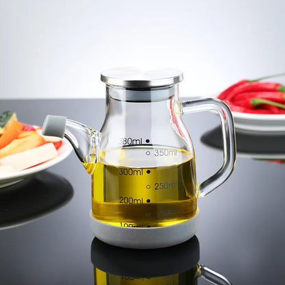 Glass Oil Dispenser Bottle | Measuring Scale Pour Spout | Leak-Proof Lid