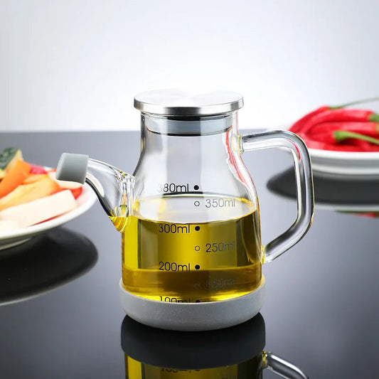 Glass Oil Dispenser Bottle | Measuring Scale Pour Spout | Leak-Proof Lid
