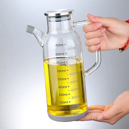 Glass Oil Dispenser Bottle | Measuring Scale Pour Spout | Leak-Proof Lid