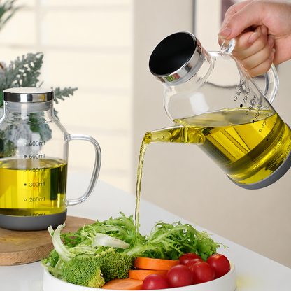 Glass Oil Dispenser Bottle | Measuring Scale Pour Spout | Leak-Proof Lid