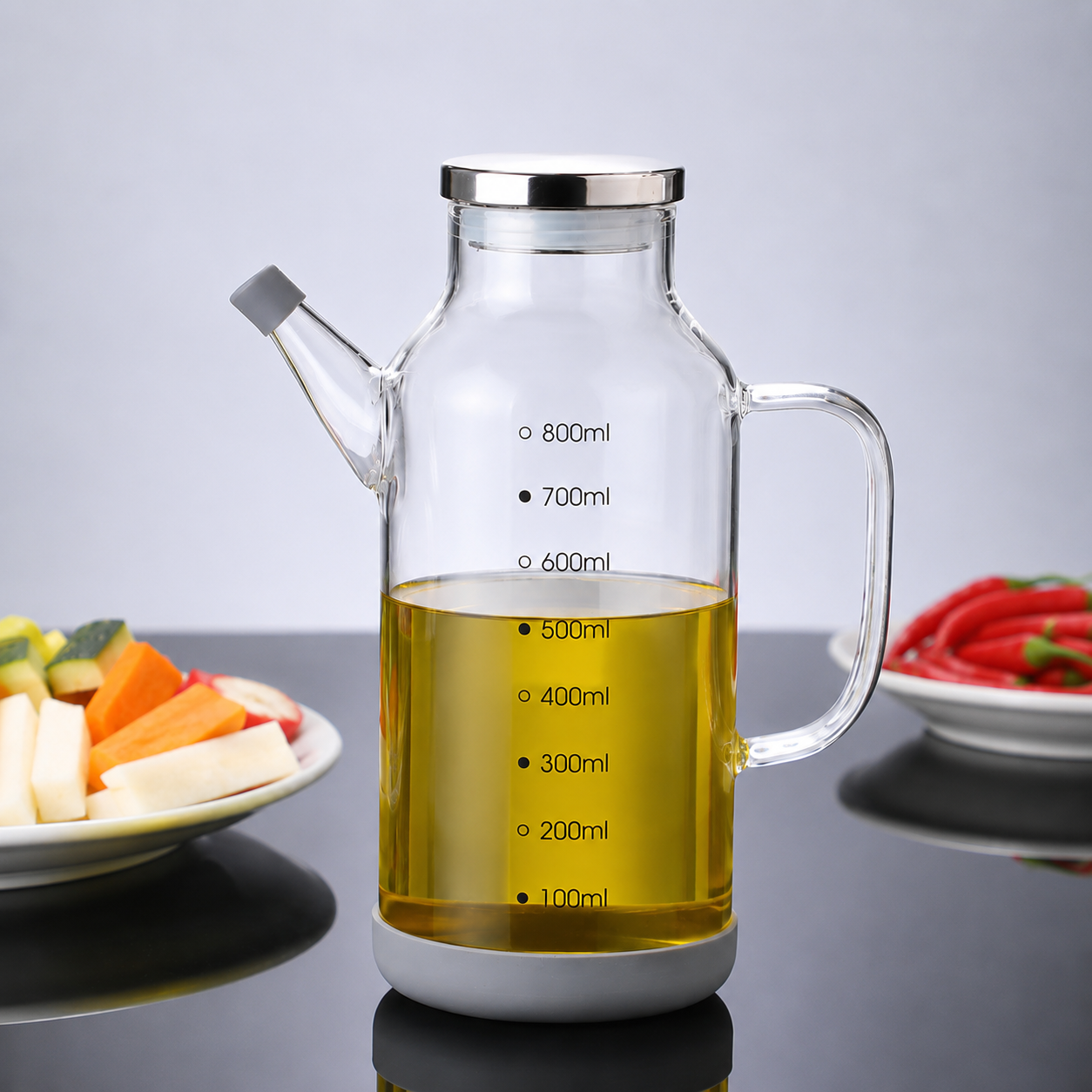 Glass Oil Dispenser Bottle | Measuring Scale Pour Spout | Leak-Proof Lid