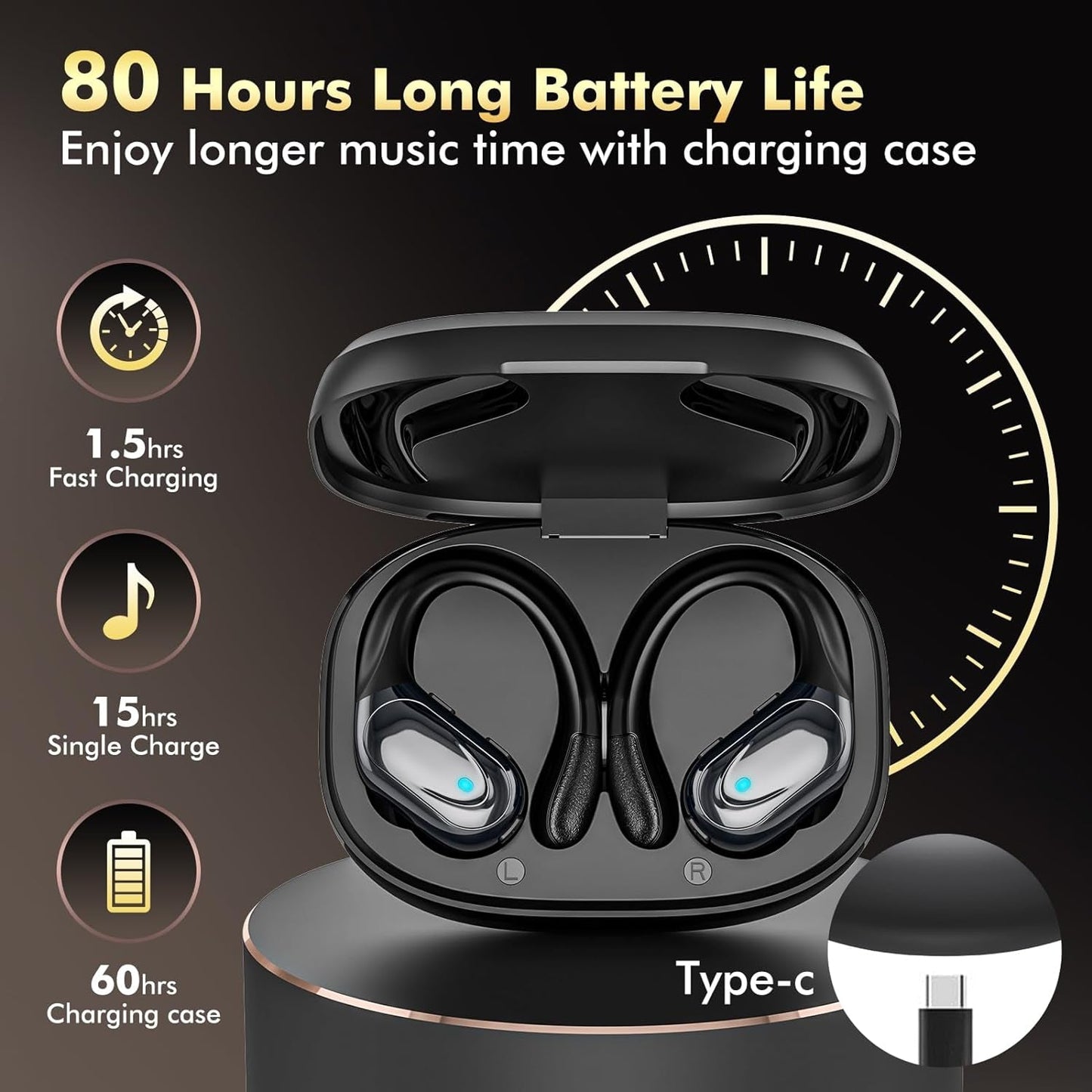 Gym Earbuds | Secure-Fit Earhook Design | 80-Hour Battery Life | Waterproof