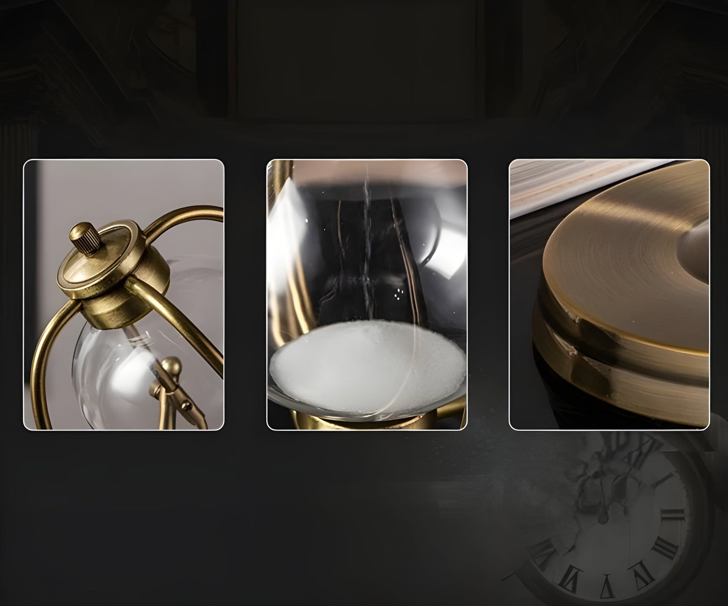 Hourglass Timer | Elegant Gold Brass Frame | Fine Glass & Black or White Sand | Office & Home Decor
