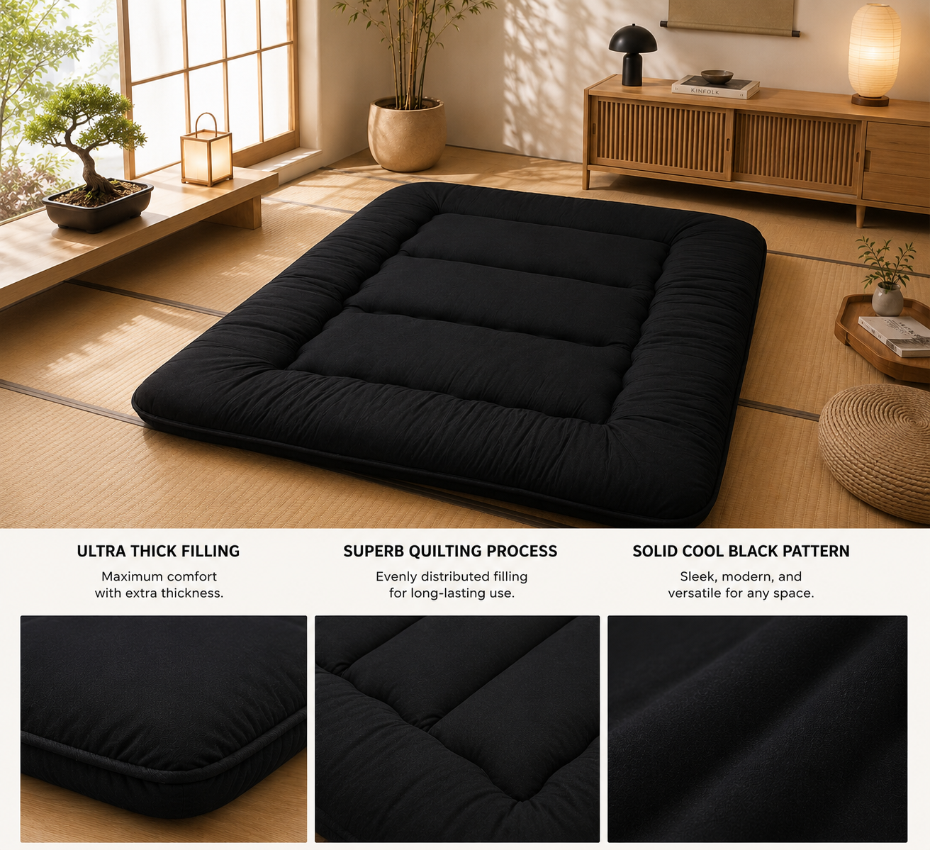 Japanese Floor Futon Mattress for Adults & Kids | 4-Inch Quilted Folding | Washable Polyester