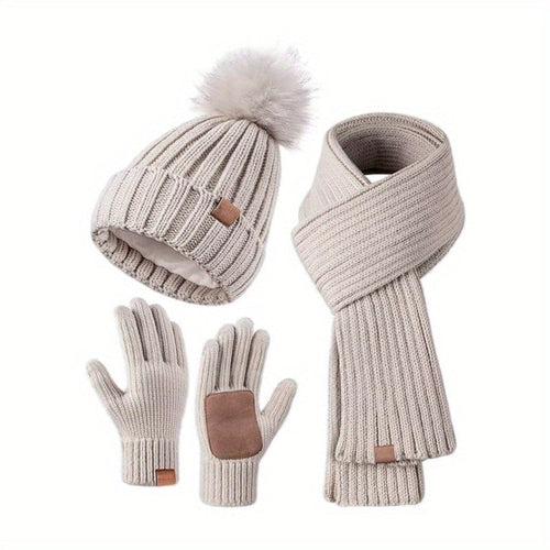 Knitted Winter Hat, Scarf & Gloves Set | Touchscreen-Compatible Gloves | Soft Plush Knit